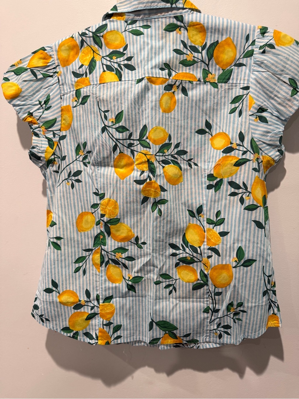 J.Crew Puff Sleeve Cotton Poplin Blouse Blue Stripe Lemon Print Top M NEW - Picture 5 of 5